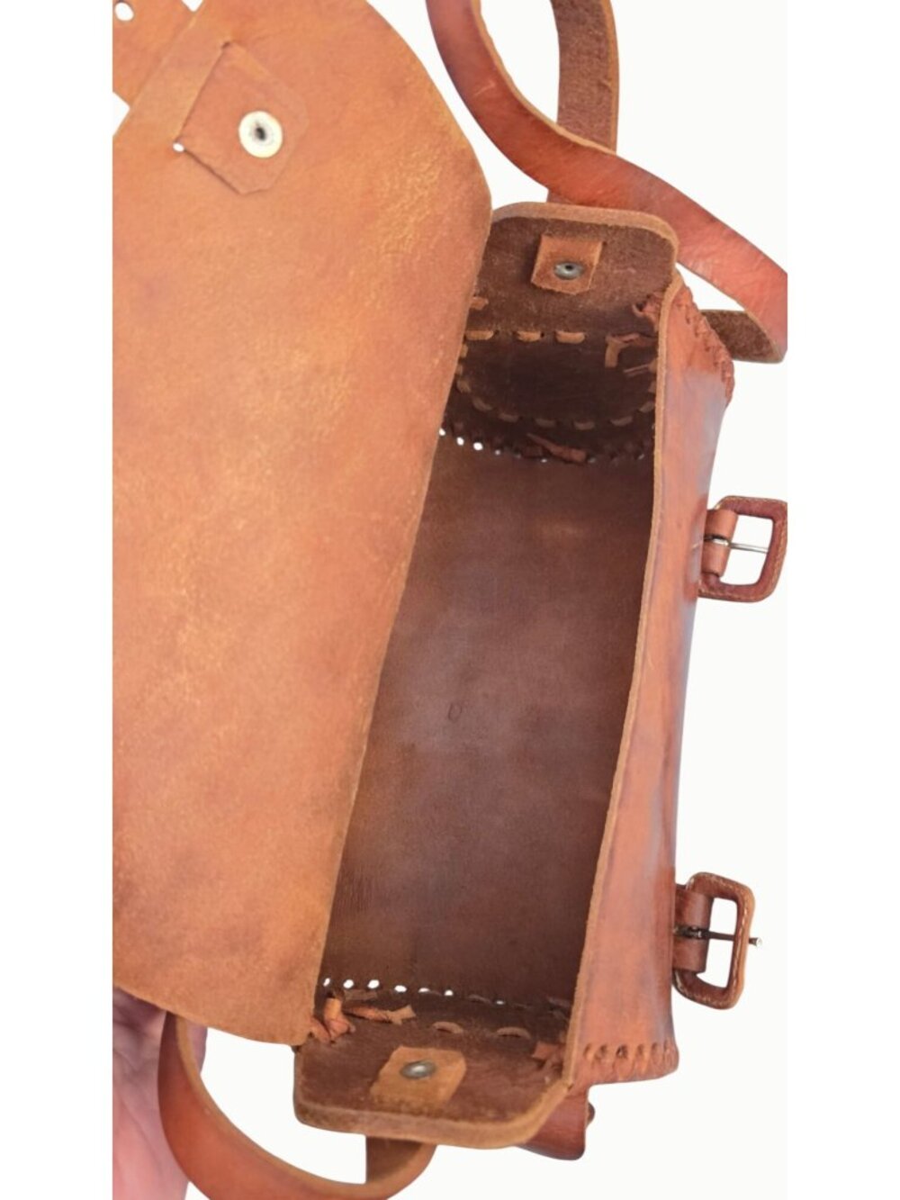 Handmade Leather Barrel Crossbody Bag Boho Western Vintage Cognac Hand Laced - Picture 5 of 8